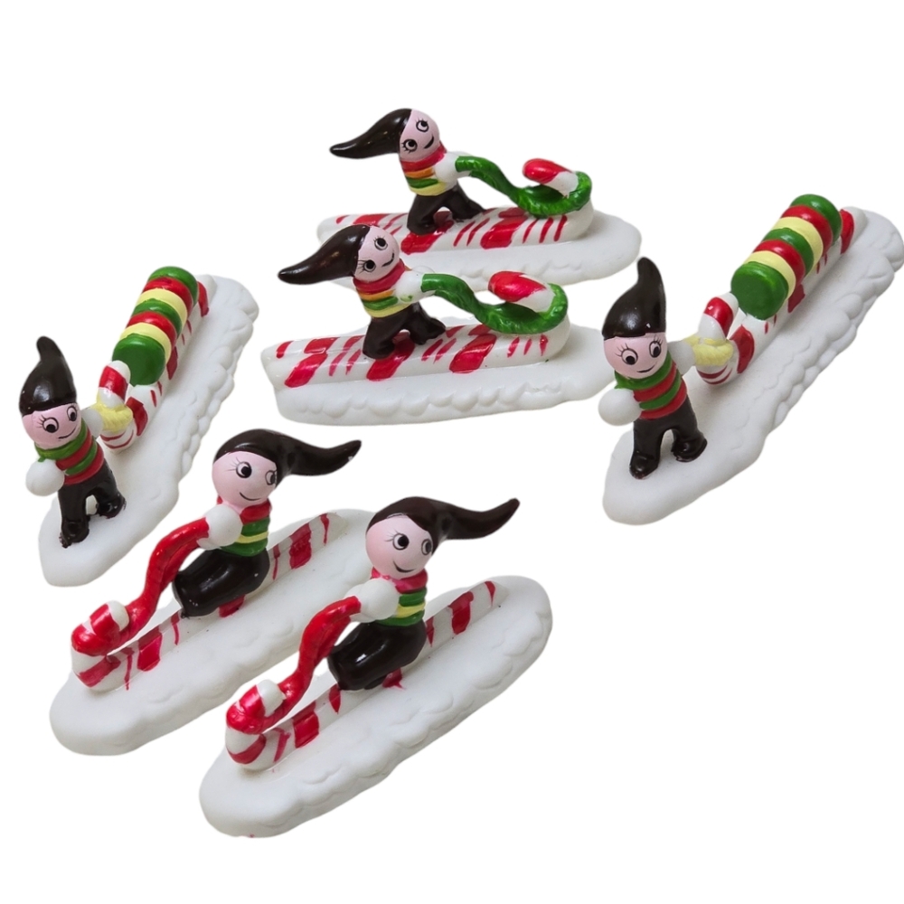 Vtg 1984 Christmas Village ROMAN INC Elves on Candy Cane Sled 6 pc Elf Set RR